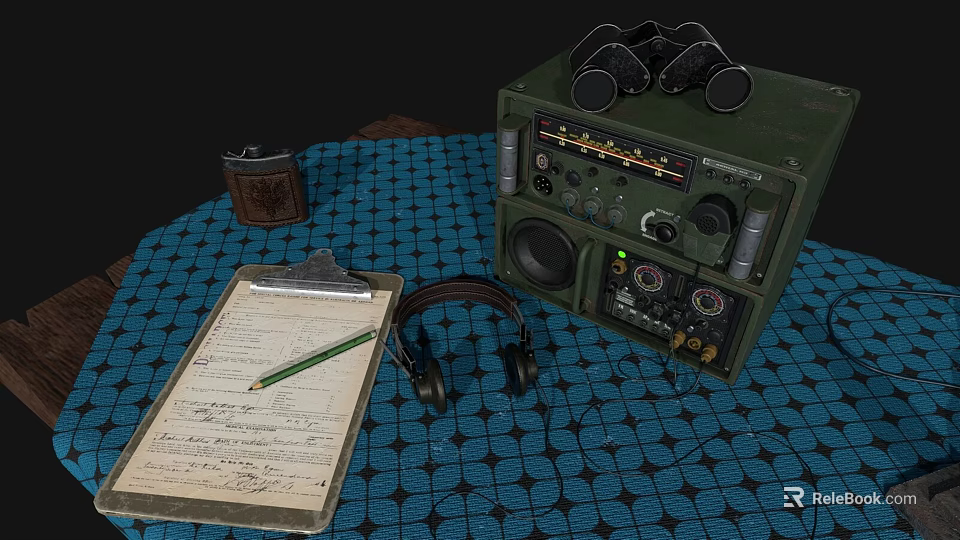 Vintage Headphones and Audio Device with Clipboard Pencil Leather Case on Blue Grid Cloth 3d model 