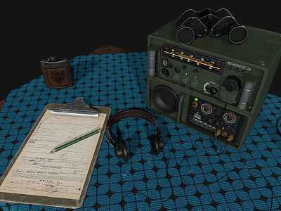 Vintage Headphones and Audio Device with Clipboard Pencil Leather Case on Blue Grid Cloth 3d model