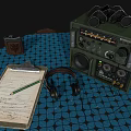 Vintage Headphones and Audio Device with Clipboard Pencil Leather Case on Blue Grid Cloth