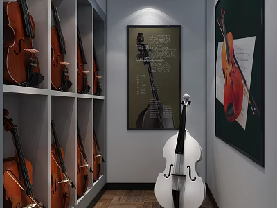Elegant Music Instrument Store With Display Shelves Violins Cello And Wall Posters 3d model