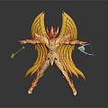 Golden Winged Mythical Figure With Ornate Armor And Holding Weapons