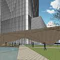 Modern Residential Building With Unique Geometric Design And Green Lawn Pedestrian Area