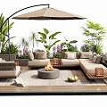 Outdoor Sectional Sofa with Arched Umbrella Fire Pit and Lush Garden Plants