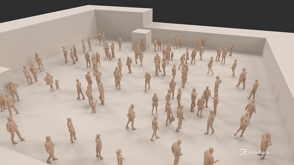 Multi Person Sofa in White Spacious Room with Standing Human Figures 3d model