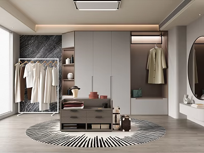 Elegant Modern Walk In Closet Interior With Open Racks Gray Cabinets And Round Striped Rug 3d model