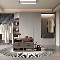 Elegant Modern Walk In Closet Interior With Open Racks Gray Cabinets And Round Striped Rug