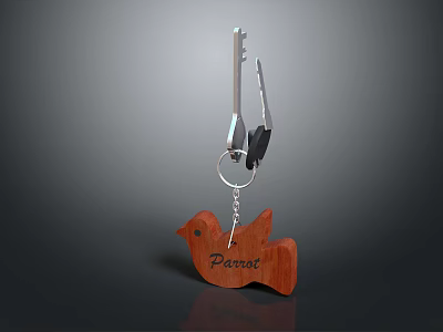Wooden Parrot Shaped Jewelry Keychain With Hanging Keys On Gray Background 3d model