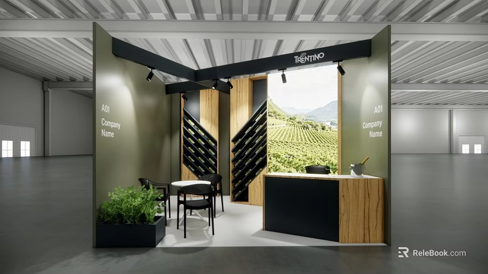Ritorno Exhibition Booth With Wooden Black Design Wine Rack Vineyard Backdrop Seating And Green Plants 3d model 