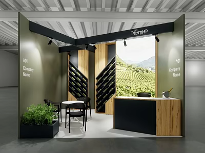 Ritorno Exhibition Booth With Wooden Black Design Wine Rack Vineyard Backdrop Seating And Green Plants 3d model