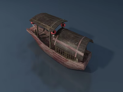 Traditional Wooden Boat With Covered Roof And Red Lanterns On Water 3d model