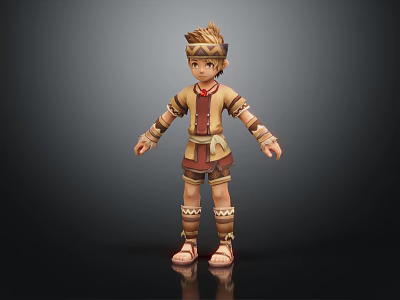 Animated Young Game Character With Brown Leather Outfit Arm Leg Guards And Short Hair 3d model