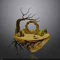 Floating Island Scene With Exposed Root Twisted Branches Stone Archway Sand Grass And Stones
