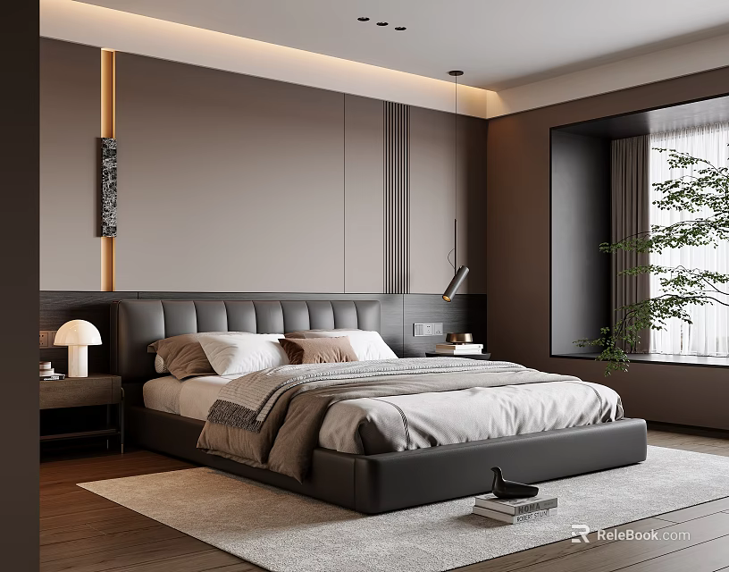 Modern Bedroom Interior Design With Upholstered Headboard Nightstand Lamp Window Plant And Rug 3d model 