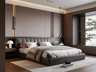 Modern Bedroom Interior Design With Upholstered Headboard Nightstand Lamp Window Plant And Rug 3d model