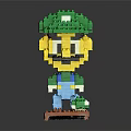 Lego Built Toy Figure With Green Hat Yellow Face Blue Overalls On Orange Base