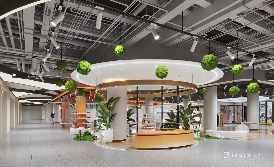 Modern Shopping Mall Lobby Interior With Circular Counter And Green Plants 3d model 