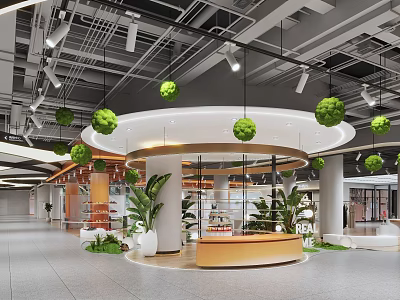 Modern Shopping Mall Lobby Interior With Circular Counter And Green Plants 3d model