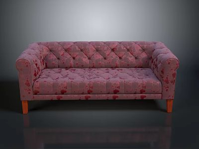 Elegant Pink Floral Pattern Tufted Sofa for Living Room with Wooden Legs 3d model