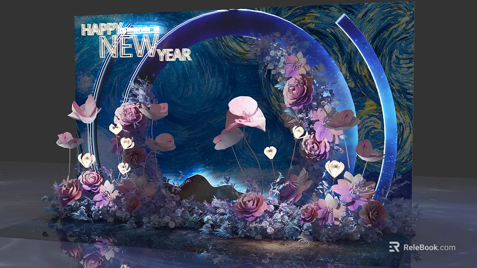 Happy New Year Decorative Scene With Arch Purple Pink Flowers Blue Background And Heart Decorations 3d model 