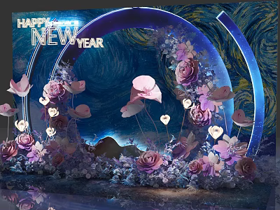 Happy New Year Decorative Scene With Arch Purple Pink Flowers Blue Background And Heart Decorations 3d model