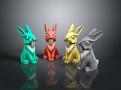Colorful Rabbit Figurines in Green Red Yellow and Gray on Reflective Surface 3d model