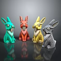 Colorful Rabbit Figurines in Green Red Yellow and Gray on Reflective Surface