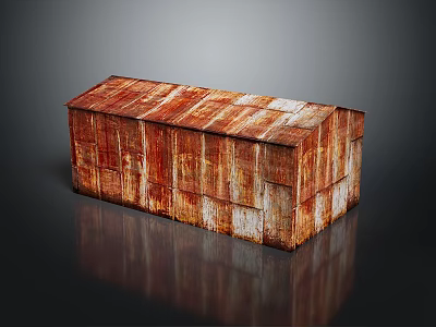 Rustic Rusted Rectangular Wooden Box With Weathered Surface On Dark Reflective Background 3d model
