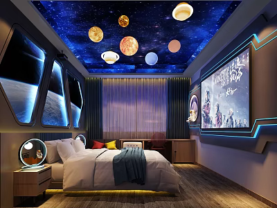 Starry Themed Hotel Room With Spaceship Windows Planet Decor And Large Screen 3d model