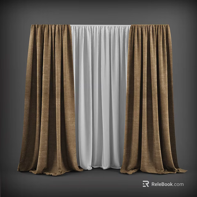 Thick Brown Curtains With White Sheer Layer For Home Window Decoration 3d model