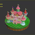 Fairy Tale Castle Model With White Towers Pink Roofs Blue Flags And Green Grass Base