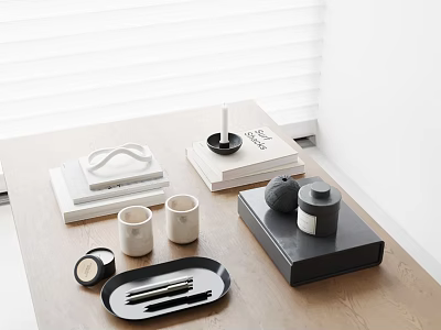 Minimalist Decorative Ornament Set With Geometric Pieces Books Cups Trays And Jars On Wooden Tabletop 3d model