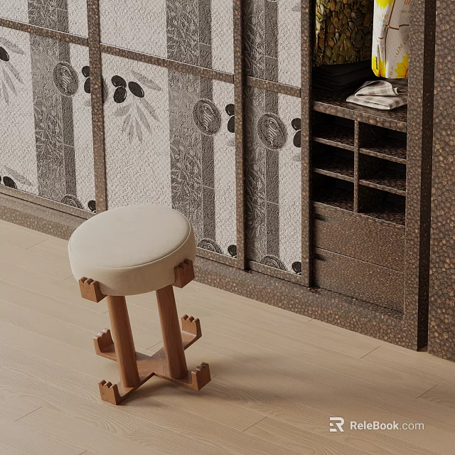 Wooden Side Table with Upholstered Seat in Modern Room with Patterned Screen 3d model 