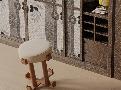 Wooden Side Table with Upholstered Seat in Modern Room with Patterned Screen 3d model
