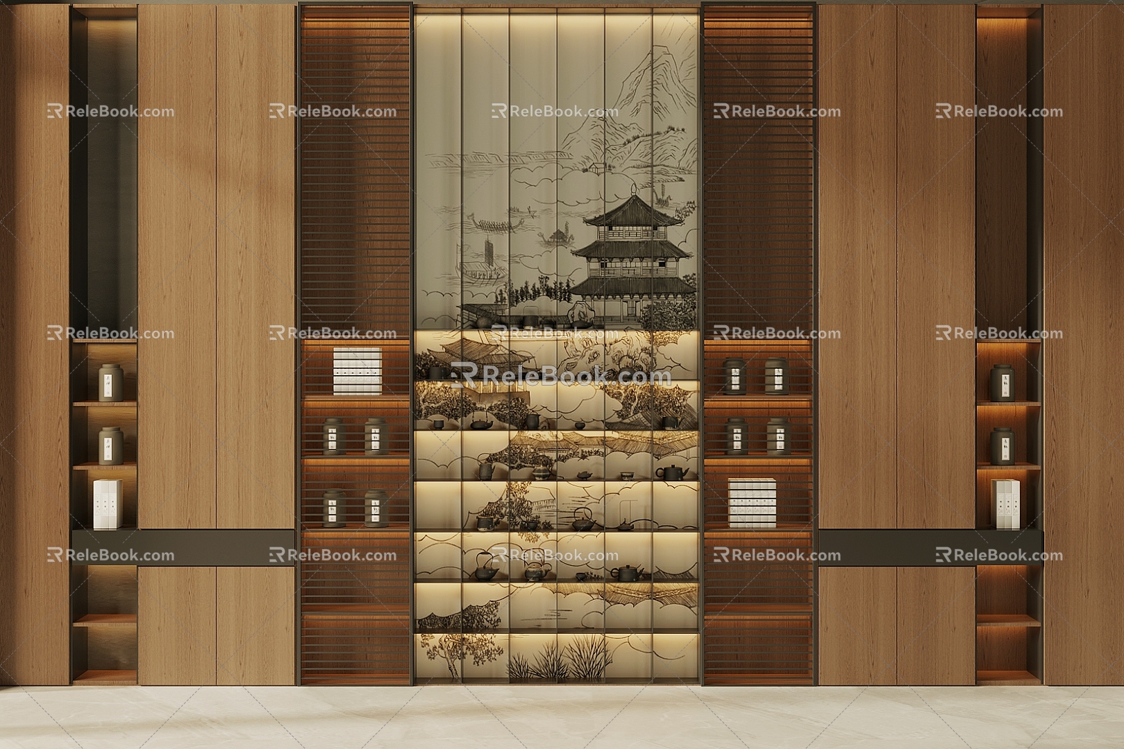 New Chinese Style Tea Cabinet Tea Set Display Cabinet Teapot Tea Set Tea Cup Landscape Painting Background Wall Tea Room Background Wall 3d model