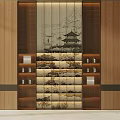 Traditional Chinese Wooden Decorative Cabinet With Landscape Painting Design and Layered Storage Shelves