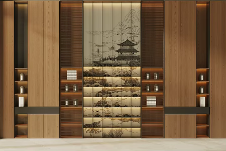 New Chinese Style Tea Cabinet Tea Set Display Cabinet Teapot Tea Set Tea Cup Landscape Painting Background Wall Tea Room Background Wall 3d model
