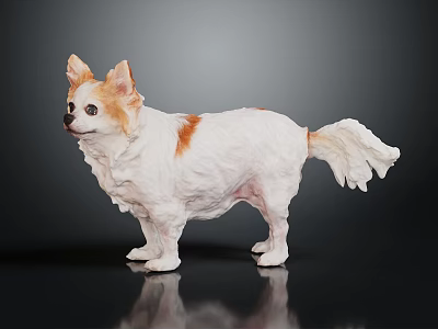 White Chihuahua with Brown Spots in Standing Pose and Fluffy Fur on Dark Background 3d model