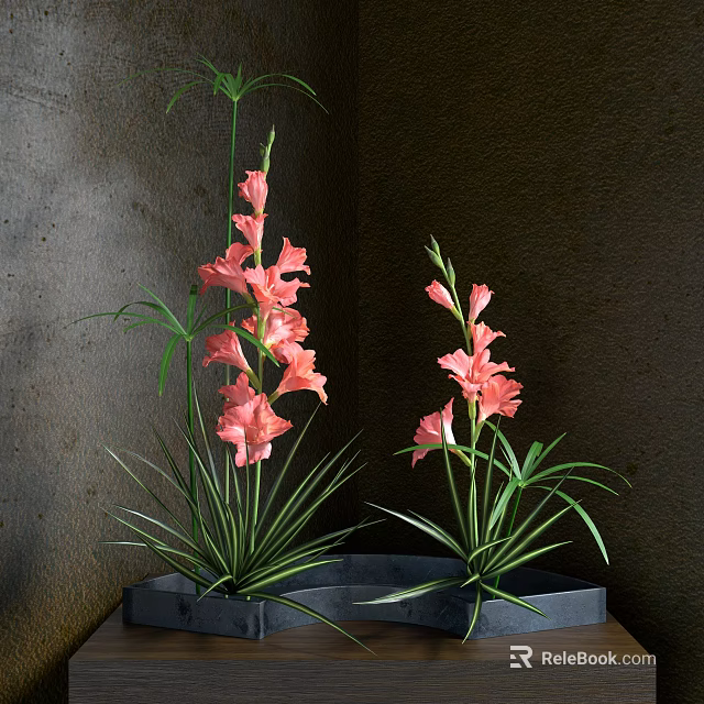 Decorative Ornament Set With Pink Blooms And Green Leaves In Black Planter For Indoor Decoration 3d model 