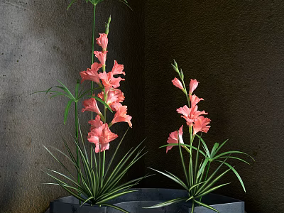 Decorative Ornament Set With Pink Blooms And Green Leaves In Black Planter For Indoor Decoration 3d model