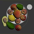 Fresh Colorful Fruits in White Bowl with Avocado and Glass of Water