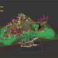 Cartoon Island Scene With Pirate Ships Green Water Trees And Sandy Beaches