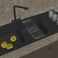 Black Double Bowl Kitchen Sink With Green Apples Drying Rack Faucet And Marble Countertop