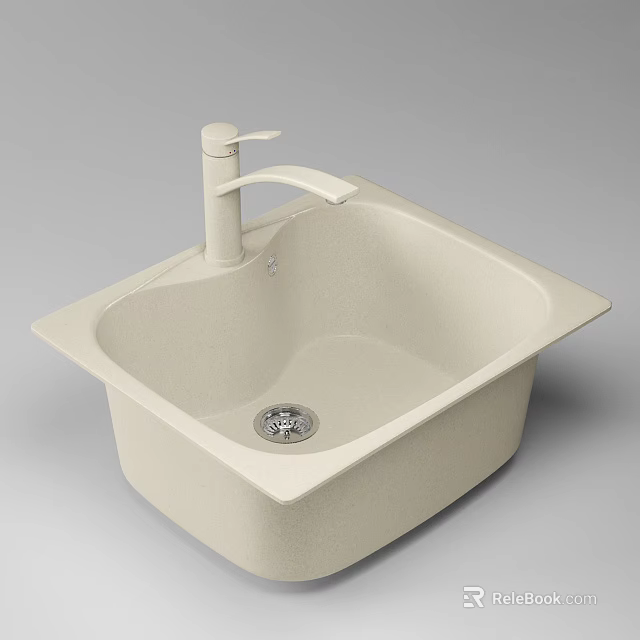 Modern Cream Colored Kitchen Sink With Single Faucet Rectangular Shape And Drain 3d model