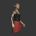 Game and Movie Character With Pointed Ears Bald Head Tattoos Gray Tank Top Red Skirt