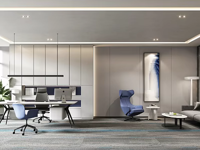 Modern Office Interior Design With Desk Computers Blue Chairs Sofa And Wall Painting 3d model
