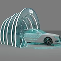 Art Installation Featuring White Car And Arched Structure With LOGO Mountain Water Elements