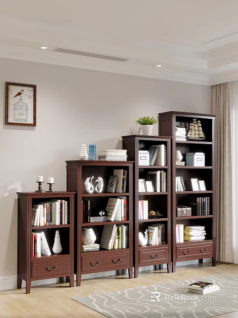 Dark Brown Bookcase with Books Decorative Items and Potted Plant on Multiple Shelves 3d model 