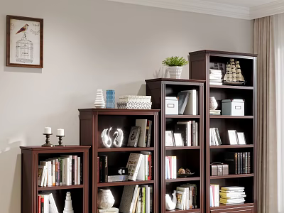 Dark Brown Bookcase with Books Decorative Items and Potted Plant on Multiple Shelves 3d model