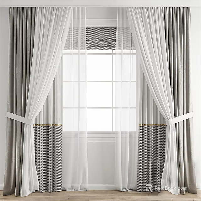 Gray And White Curtains With Sheer Panels Tiebacks And Window Grid Design 3d model