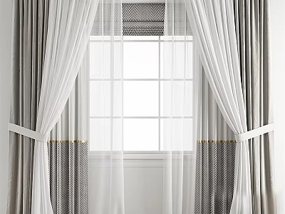 Gray And White Curtains With Sheer Panels Tiebacks And Window Grid Design 3d model